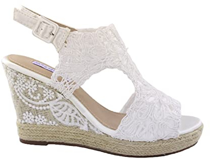 LARES Sandalias de novia con cuña esparto. Alpargata con plataforma en blanco cierre hebilla. Talla: 40