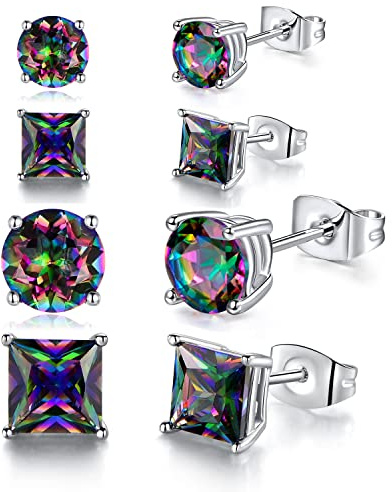 4 Pairs Multiple Earrings Set for Women Men 4/6mm Round and Square Rainbow CZ 18K White Gold Plated Ear Piercing Studs Hypoallergenic Jewelry Gift