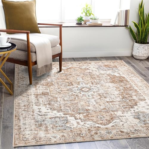 TOPICK Teppich 210x300cm Ziegelrot Floral Faltbar Waschbar Superdünne Vintage Blumenteppich Kurzflor Orientalischer Küchenteppich für Innenbereich Schlafzimmer Wohnzimmer Esszimmer Büro Flur