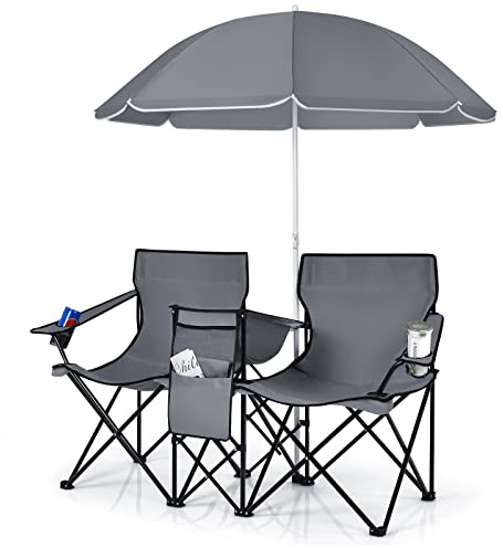 COSTWAY Double Portable Picnic Chairs, Folding Camping Chairs w/Detachable Umbrella, Cooler Bag, Cup Holders, Patio Beach Camping Chairs for Outdoors