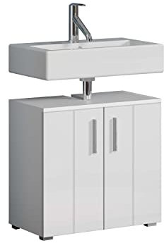 trendteam smart living - Wons - Waschbeckenunterschrank - Weiß/Weiß Hochglanz - 2 Türen und 1 Einlegeboden - (BxHxT) 60 x 58 x 34 cm - silberfarbene Griffe - kratzfest