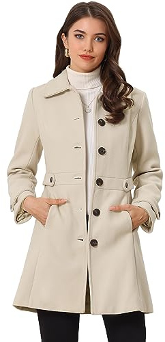 Allegra K Women's Winter Classic Outwear Overcoat with Pockets Single Breasted Pea Coat Large Beige