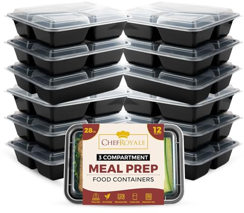 CHEF ROYALE Pack of 12, 3 Compartments Meal Prep Containers- 28oz BPA Free Reusable Storage Containers with Airtight Lids - Microwave, Freezer, and Dishwasher Safe - Stackable Lunch Boxes (12 Pack)