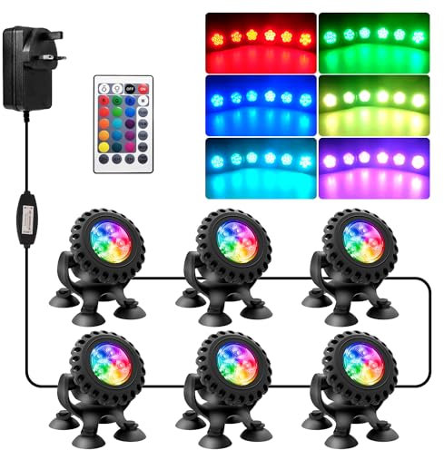 NATPOW Pond Lights Underwater Mains, RGB Underwater Light, Timer Aquarium Spot Lights with APP& Remote Control, IP68 Waterproof Multicolour Submersible Light for Fish Tank Garden Yard Pool (Set of 6)