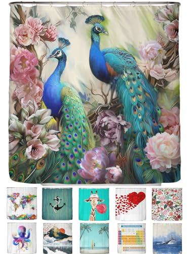 arteneur® - Pfaue - Anti-Schimmel Duschvorhang 180x200 - Recycelt mit Öko-Tex Standard 100 - Beschwerter Saum, Blickdicht, Wasserdicht, Waschbar, 12 Ringe & E-Book