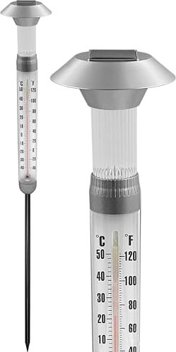 XXL Außenthermometer mit Solar Leuchte - 97 cm - Gartenthermometer mit Erdspieß und Beleuchtung - Outdoor Thermometer klassisches Design für Garten Balkon Terrasse