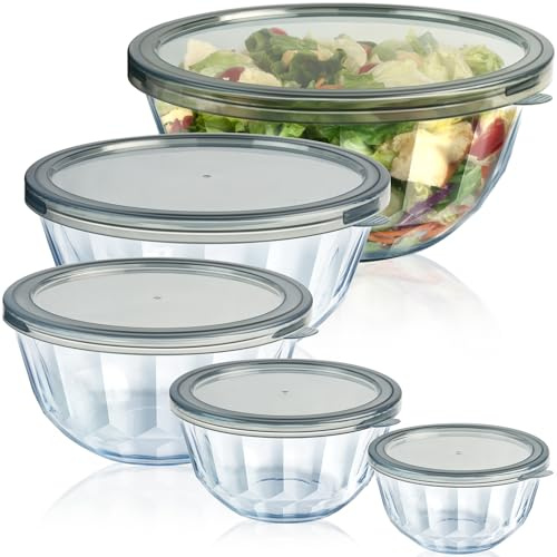 Freshmage Mixing Bowls with Airtight Lids Sets, 5 Packs Thick Glass Nesting Bowls for Kitchen Baking, Meal Prepping, Bpa Free, Dishwasher Safe, 0.5/0.8/1.6/2.7/4.4 Qt
