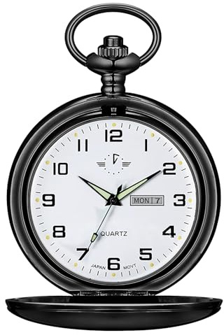 BOSHIYA Smooth Quartz Pocket Watches for Men Black Classic Arabic Digital Luminous Dial & Day Date Pocket Watch with Chain Christmas Graduation Birthday Gifts