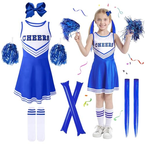 Kitimi Deguisement Pompom Girl, Uniforme Cheerleader Costume Enfants Fille Tenue Uniforme Robe avec Pompons Chaussettes Pinces à Cheveux Bâtons Carnaval Fête Mardi Gras Cosplay Carnaval Mascarade