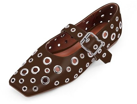 Odetina Ballerine da donna con borchie in metallo con occhielli e fibbia perforata Mary Jane, Marrone, 37.5 EU