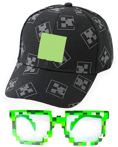 ZGCXRTO 2 Pcs Noire Miner Game Casquette de Baseball et Lunettes de Soleil à Carreaux Verts - Chapeau D'Été Adjustable pour Garçons et Filles