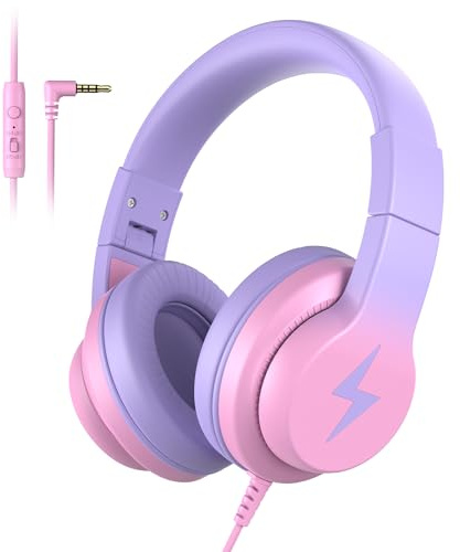 Candy Bila Kids Headphones, Wired Headphones for Kids Over Ear with Microphone, 85/94dB Volume Limiter Headphone for Girls Boys, Foldable Headphone for Learning & Entertainment, Gradient Red
