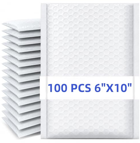 Nicunom 100 Pack Bubble Mailers 6x10, Usable Size 6x9 Self Seal Padded Envelopes Opaque Poly Wrap Bubble Bags Waterproof Shipping Bags for Small Business Mailing Makeup Jewelry Gifts, White