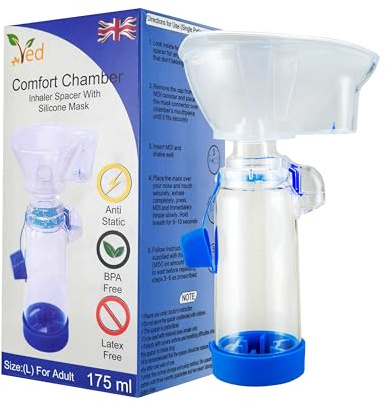Dispositivo espaciador antiestático Inhaler Spacer, cámara de inhalador, uso con inhalador de dosis medida, sin BPA ni látex para adultos. (Azul) (OOS)