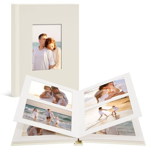 Hiwhy Linen Photo Album 6x4 with Square DIY Window Cover, Photobook for Wedding Travel Anniversary 48 Pockets Beige