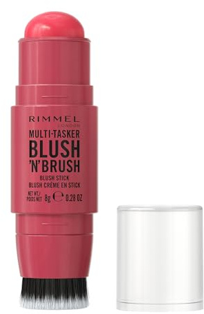 Rimmel Multi-Tasker Blush’N’Brush Stick con Pennello Integrato | Colore modulabile, pennello integrato, applicazione scorrevole, formula vegana cream-to-powder, waterproof, finish uniforme.