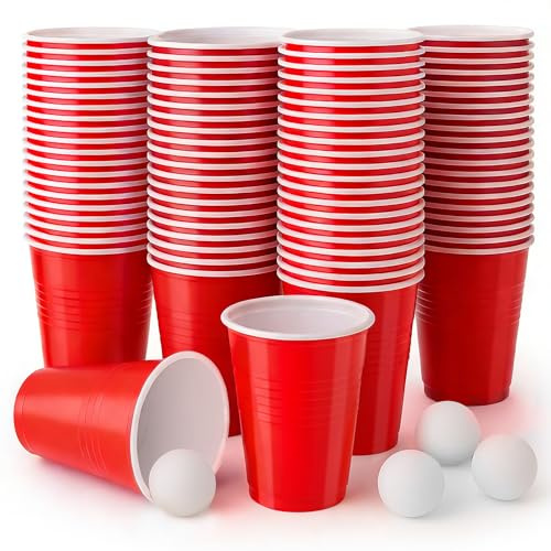 Coco Berming 100 Vaso de Plastico Reutilizables, 500ml Rojas Azules Vasos de Plástico para Bebidas y 10 Pelotas de Tenis de Mesa para Cumpleaños, Festivales, Bodas, Navidad, Camping (Rojo)