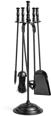 iTrend 5 Piece Fireside Companion Set – Heavy Duty Black Cast Iron Fireplace Tool Set with Stand, Brush, Shovel, Tongs & Poker – Classic Iron Fireside Accessories for Wood Burners & Open Fires