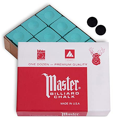 Master Billiard Pool Cue Chalk Premium Quality - 1 Dozen - Made in The USA + 2 pcs of Quality Billiard Pool Table Spots (Green)