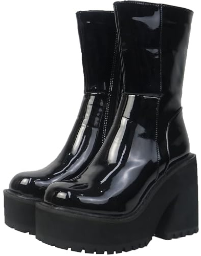 AMINUGAL Womens Wedge Heel Ankle Boots Platform Zipper Punk Motorcycle Booties Chunky Block High Heel Round Toe Fashion Work Combat Boots Mid Calf For Women
