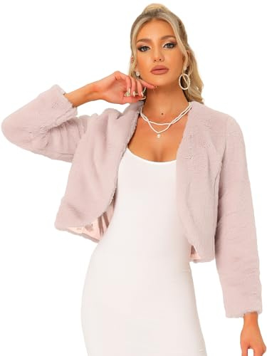 Allegra K Women's Fur Jacket Cropped Wedding Bolero Gown Faux Fur Shrug | Fall Winter Coat, Open Front Fuzzy Overcoat, Long Sleeve, Formal, Evening Fluffy Outfit