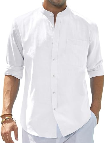 J.VER Men's Cotton Linen Long Sleeve Shirts Lightweight Casual Banded Collar Shirt Beach Summer Shirts with Pocket A-White Large
