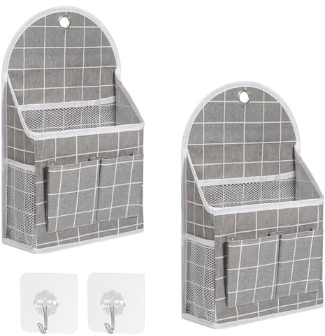 Jeesblsy Bolsa de Almacenamiento para Colgar en la Pared, Organizadores Plegables Multifuncional Impermeable Tela De Lino de Bolsillo Ancho Baldas Colgantes (Cuadros Grises)