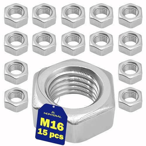 15 Piezas Tuerca Hexagonal M16 DIN 934 Fabricada en Acero y Equipada con Sistema de Autobloqueo - Garantía de 10 Años - MONTERAL
