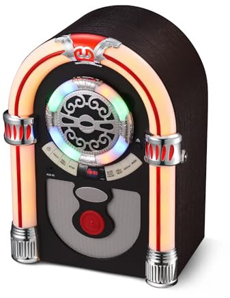 Retro Jukebox Musikbox mit CD-Spieler | Nostalgie 50er Jahre Design | Bluetooth 5.0, FM-Radio, AUX-IN | 16W Stereo-Lautsprecher & Farbwechsel-LED | Vintage Holzoptik für Zuhause, Schlafzimmer & Büro