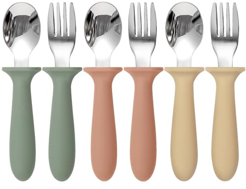 Eascrozn 6 Pack Toddler Utensils, kids Silverware with Silicone Handle, 18/8 Stainless Steel Children Safe Spoons and Forks Set Baby Feeding Essentials, Dishwasher Safe