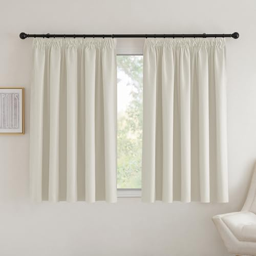PONY DANCE Blackout Pencil Pleat Curtains, Light Beige, W90 x L54 Inch | Thermal Insulated Curtains with Noise Reducing & Privacy, Luxury Soft Window Treatment for Bedroom & Living Room, 2 Panels
