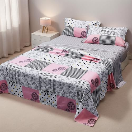 Etrexonline Juego de Sábanas 4 Piezas Cama 135 cm - Microfibra Ultra Suave Incluye 1 Bajera Ajustable 135x200+28 cm, 1 Encimera 210x270 cm, y 2 Fundas de Almohada 50x75 cm - Color Rosa Cuadrado