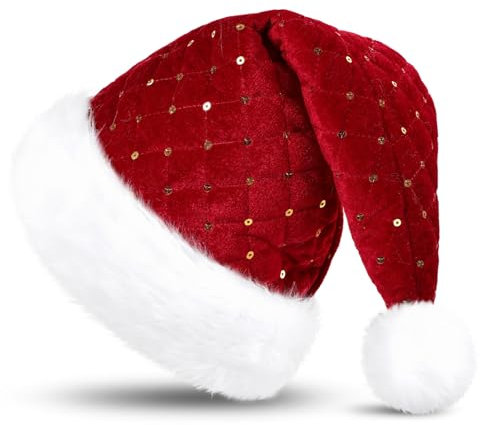 KONVINIT Rosa Weihnachtsmütze Erwachsene Luxus Weihnachtsmann Mütze Nikolausmütze mit mit Mustern von Weihnachtsbäumen, Schneeflocken Santa Mütze Männer und Frauen,rot