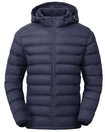 TBMPOY Men's Lightweight Puffer Down Jackets Detachable Hood Water-Resistant Winter Coat Hooded Insulated for Travel Ski Navy L