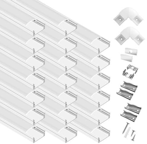 hunhun 20-Pack 6.6ft/2Meter U Shape White LED Aluminum Channel System with Milky Cover, End Caps and Mounting Clips, Aluminum Channel Profile for LED Strip Light Diffuser Installations (20pack*6.6ft)