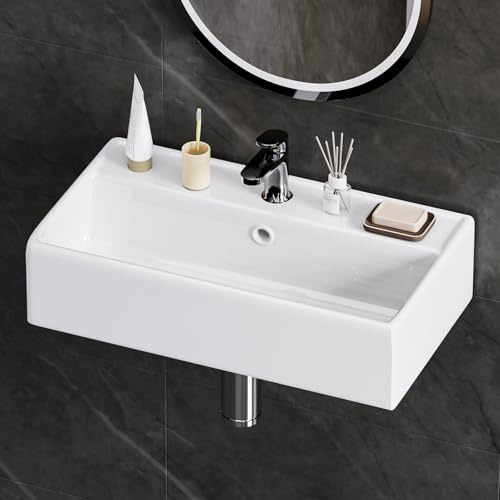 Yorbay Lavabo de cerámica blanco montado en la pared: lavabo colgante rectangular con orificio para grifo - moderno lavabo para baño sin grifo