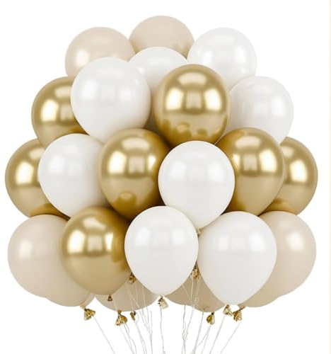 Sand White and Gold Balloons,12 Inch 60 Pcs White Metallic Chrome Champagne Beige Balloons for Birthday Baby Shower Bridal Boho Wedding Party Decorations