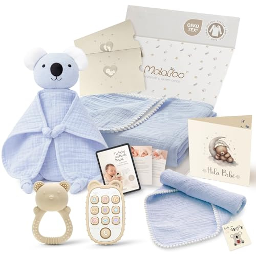 MolaBoo Canastilla Regalo Bebé Recién Nacido, Cesta Regalo Recién Nacido 100% Algodón Orgánico, Doudou Bebé, Manta Muselina, Paño Lactancia, Sonajero, Mordedor y Estuche listo para regalar.