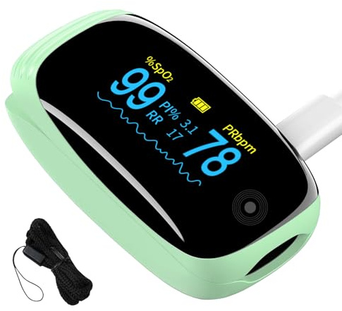 Fingertip Pulse Oximeter with Respiration Rate Monitoring, PI & RR Measurements, Rechargeable Blood Oxygen Monitor with Heart Rate and Fast Spo2 Reading, Pulse Ox with OLED Display, 6 View Modes & Auto-Rotating Screen (Green)