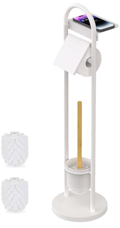 Relaxdays Juego de baño, 79 x 21,5 x 21,5 cm, Soporte de Papel higiénico con repisa y Cepillo, Blanco/Natural, 50% Hierro, 79 x 21.5 x 21.5 cm