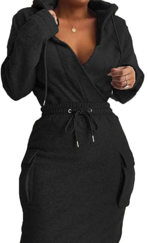 BIRW Hoodie Dress for Women 2025 Slim Casual Long Sleeve High Waist Drawstring Pullover Bodycon Sweatshirt Dresses, Solid Black, S