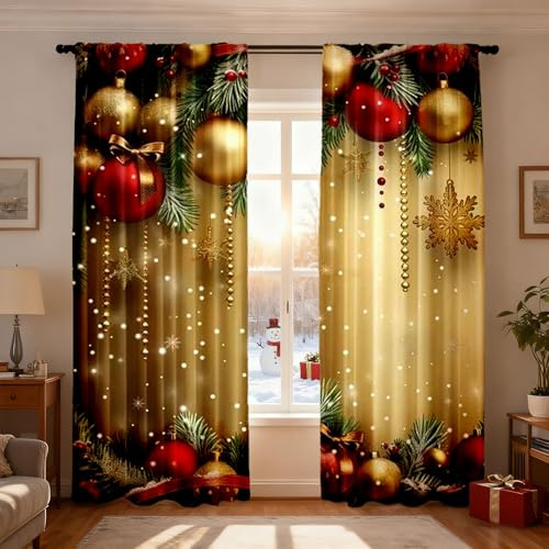 Weihnachtsvorhänge,Gardinen mit ösen,Vorhang Weihnachten Lametta vorhänge Wohnzimmer Schlafzimmer gardinen und vorhänge Vorhang Fenstervorhänge mit weihnachtsmotiv 2er Set (Gold, 100x70cm)