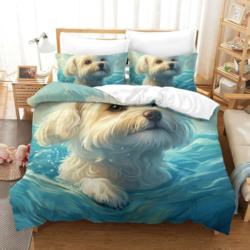 QIAVXZIP Motivo 3D Maltese Dog 3 Pezzi Set Di Biancheria Da Letto in Microfibra Morbido E Accogliente Con 2 Federe Chiusura A Cerniera Facile Da Pulire King（220x240cm）