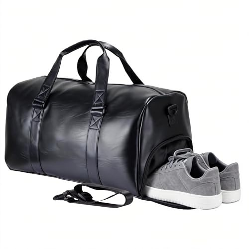 Travel Duffel Bag with Shoe Compartment, 35L Faux Leather Weekender Overnight Bag, Compact Carry On Travel Tote Gym Bag for Men and Women, Waterproof, Black Duffel Bag