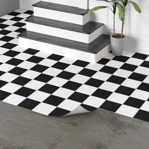 Lot de 20 dalles de sol autocollantes en PVC - Motif damier - 30 x 30 cm - Aspect carrelage - Pour porte d'entrée, salon, cuisine - Noir et blanc - 1,8 m²