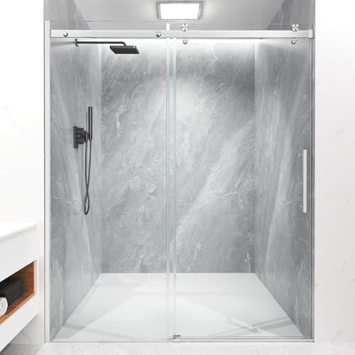 Frameless Sliding Shower Door 56-60 W x 72 H, 5/16 (8mm) Heavy Duty Tempered Glass, Brushed Nickel Finish, Single Sliding Walk-in Shower Glass Door, Reversible Installation, Smooth & Quiet Gliding
