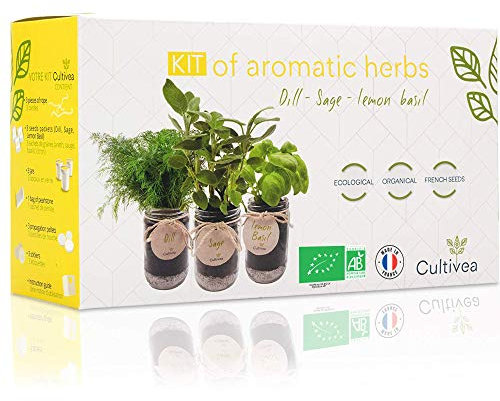 CULTIVEA® Kit Prêt à Pousser d’Herbes Aromatiques – Graines 100% Bio - Made in France – Jardin potager d’intérieur – Plante (Aneth, Sauge, Basilic Citron) - Idée Cadeau