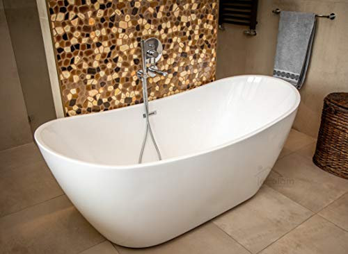 ECOLAM exklusive freistehende Badewanne Standbadewanne moderne Wanne freistehend Clara 170x80 cm + Ablaufgarnitur Click Clack Design Acryl glamour weiß (ohne Bambus Ablage)