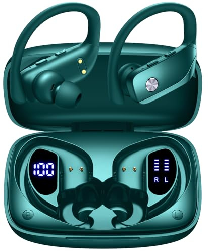 bmanl Wireless Earbuds Bluetooth Headphones Over Ear Hooks Ear Buds with 80H Playtime, LED Power Display, Dual Mic Clear Calls, Sports Wireless Ear Buds Bluetooth Earbuds for Running Gym Workout Green