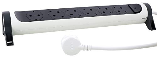 LEGRAND, Drehbare Steckdosenleiste, 6-fach Steckdose, Mehrfachsteckdose, Wand- oder Tischmontage, LED-Ein/Aus-Schalter, 1,5m Kabel, Ultraweiß/Dunkelgrau, 694533